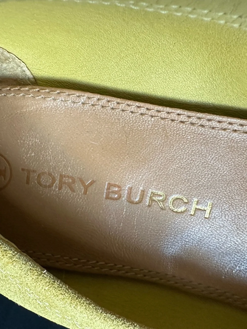 Tory Burch Mustard Yellow Suede Penny Loafers with Gold Emblem Ballet shoes 7.5 - Picture 13 of 16